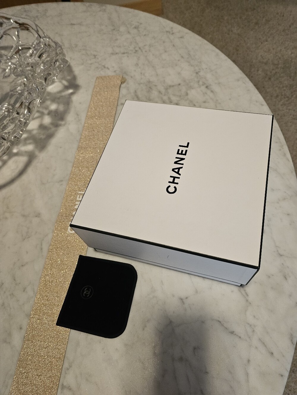 CHANEL White Box with Black Trim and Black Velvet Pouch And Gold Band